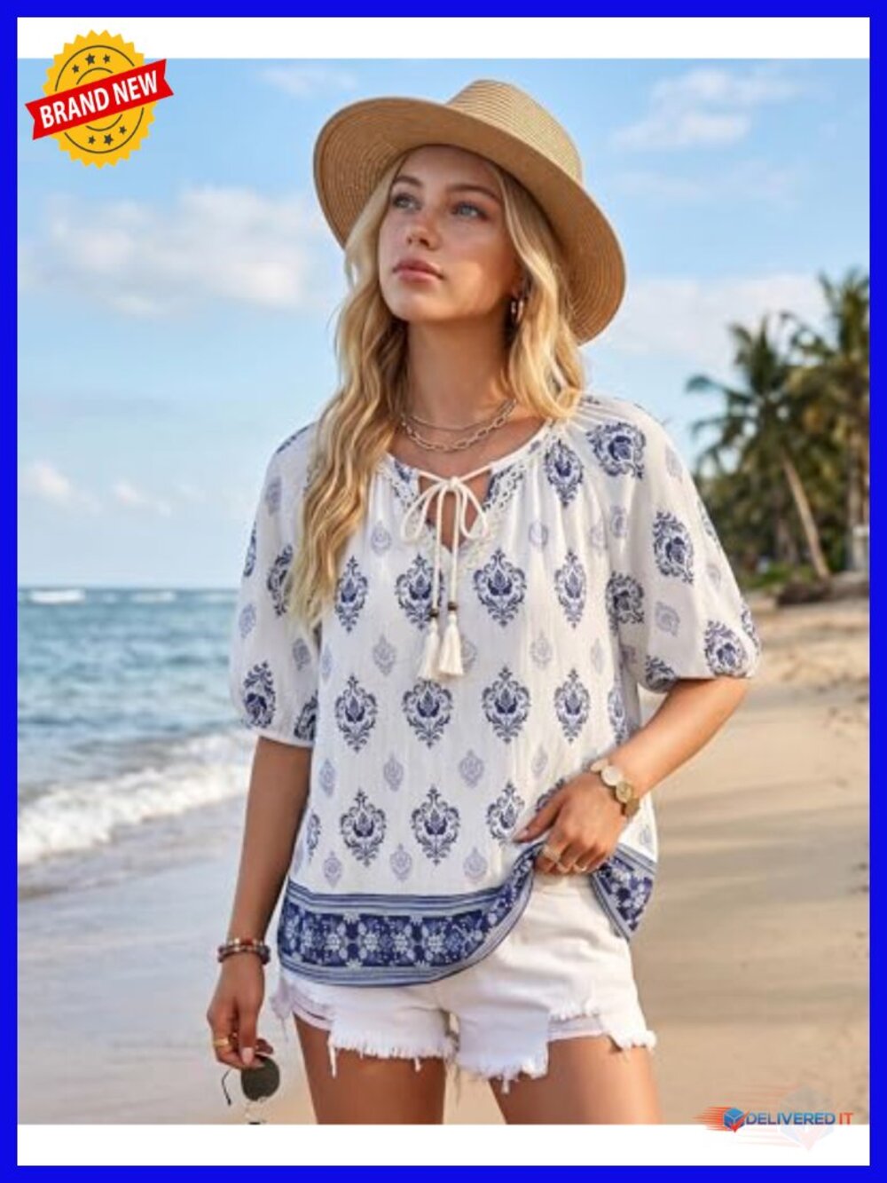 Womens Boho Floral V Neck Short Sleeve Blouse Tie Front Flowy Vacation Top - Picture 5 of 6